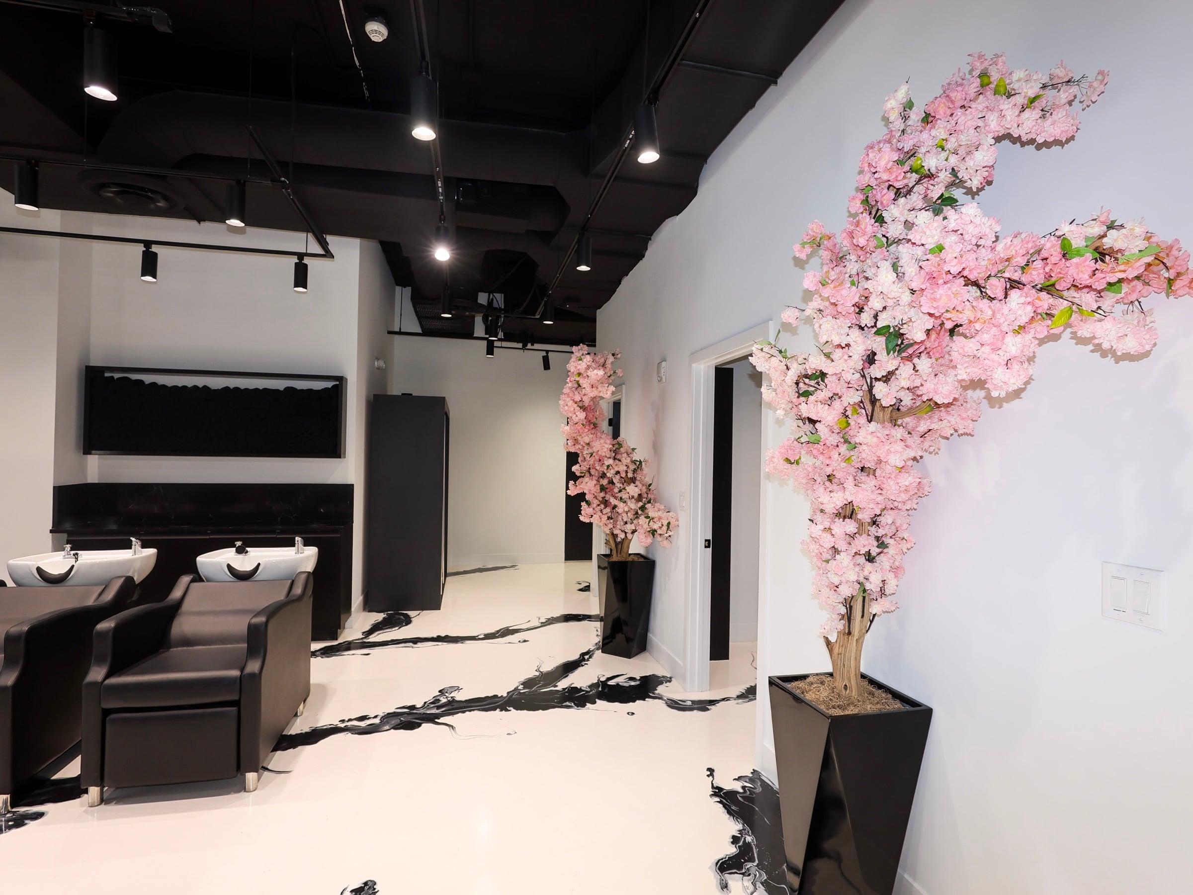 Cherry blossom design accent inside the Neish Hair salon