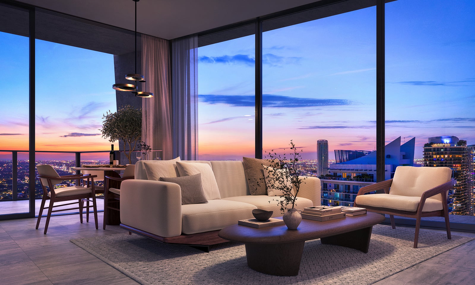 888 Brickell by Dolce & Gabbana living room with sunset city view