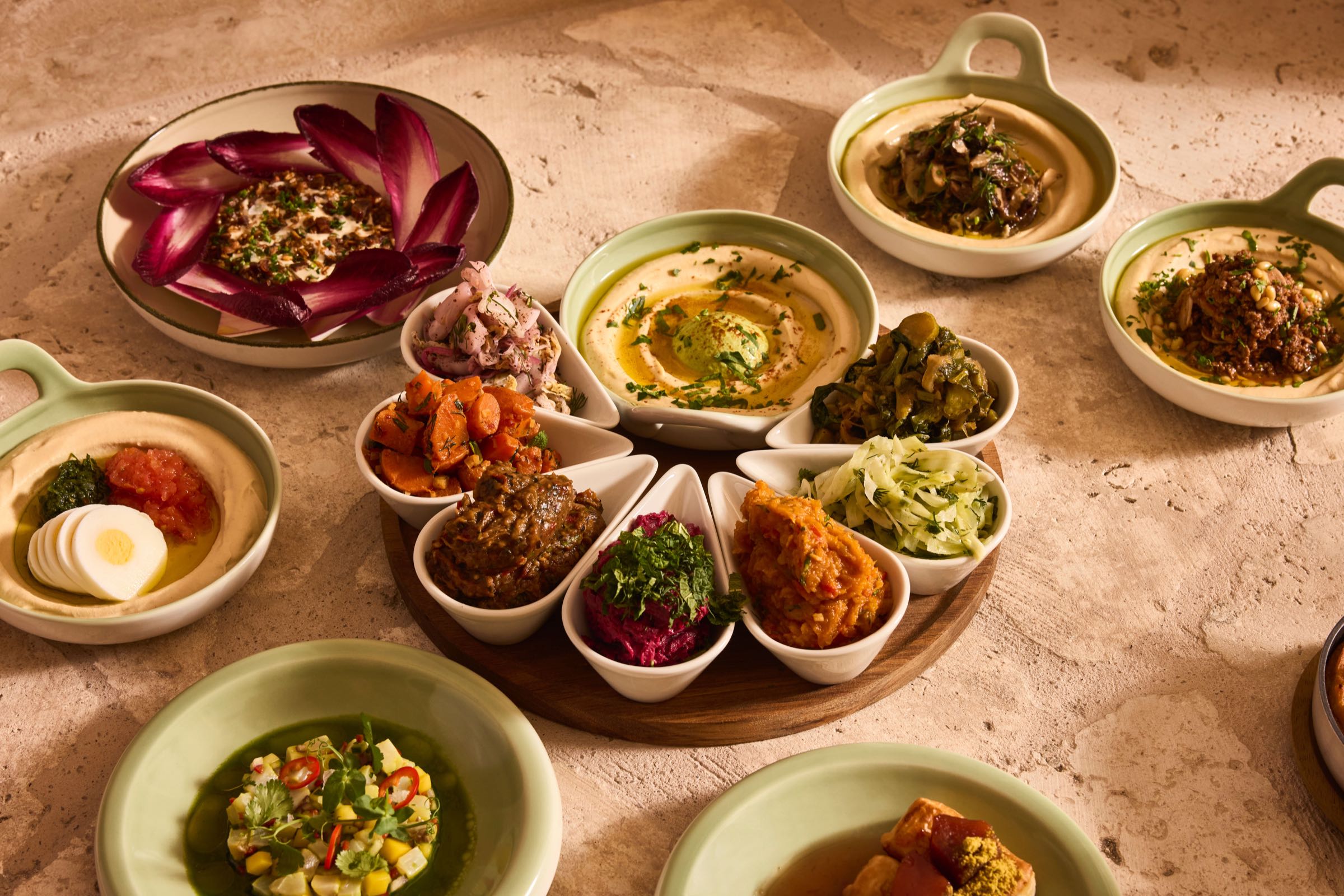 Hummus and dips spread at AVIV Miami Beach