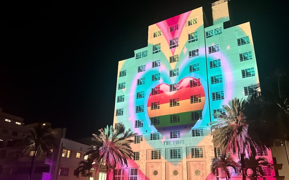 Pride-themed projection mapping on the Tides building on Ocean Drive