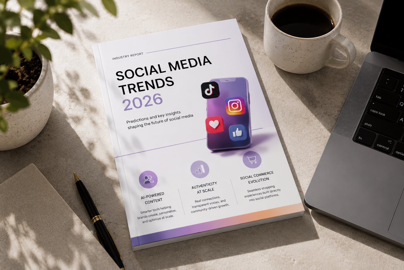 Marketing trend reports stacked on a desk