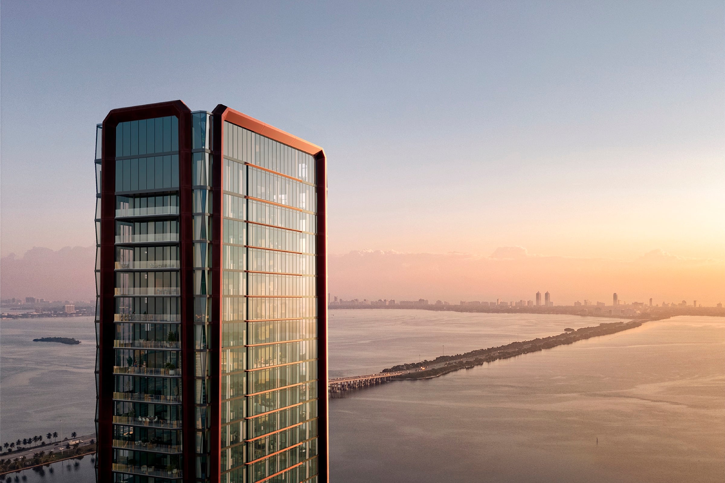 Rendering of Villa Miami tower on the Edgewater waterfront at sunset