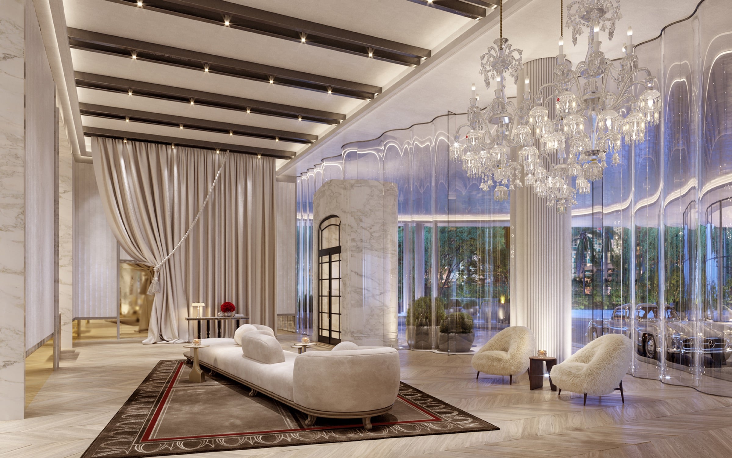 Lobby rendering with crystal chandeliers at Baccarat Residences Miami