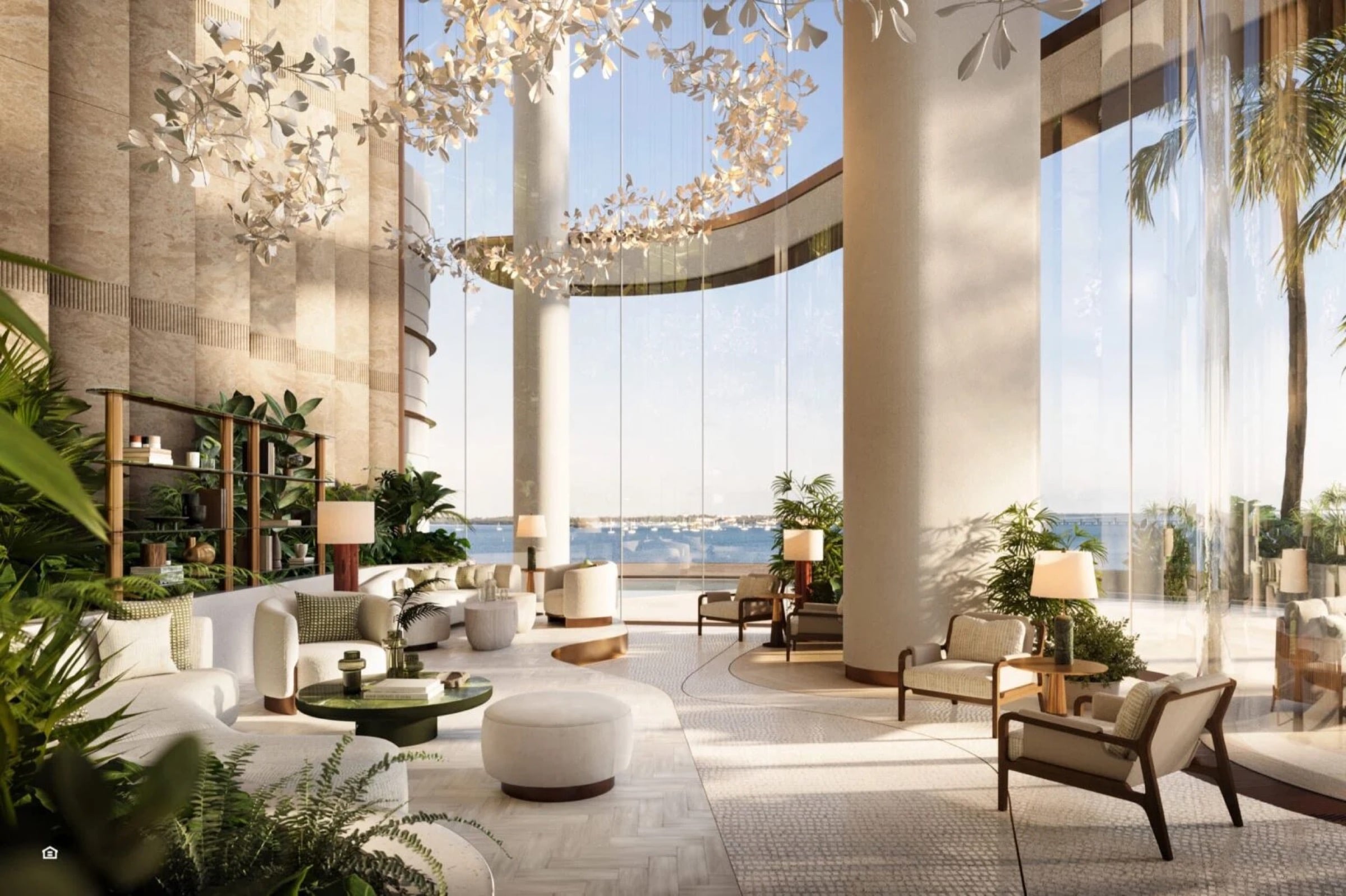 Lobby rendering with bay views at Mandarin Oriental Residences Brickell Key