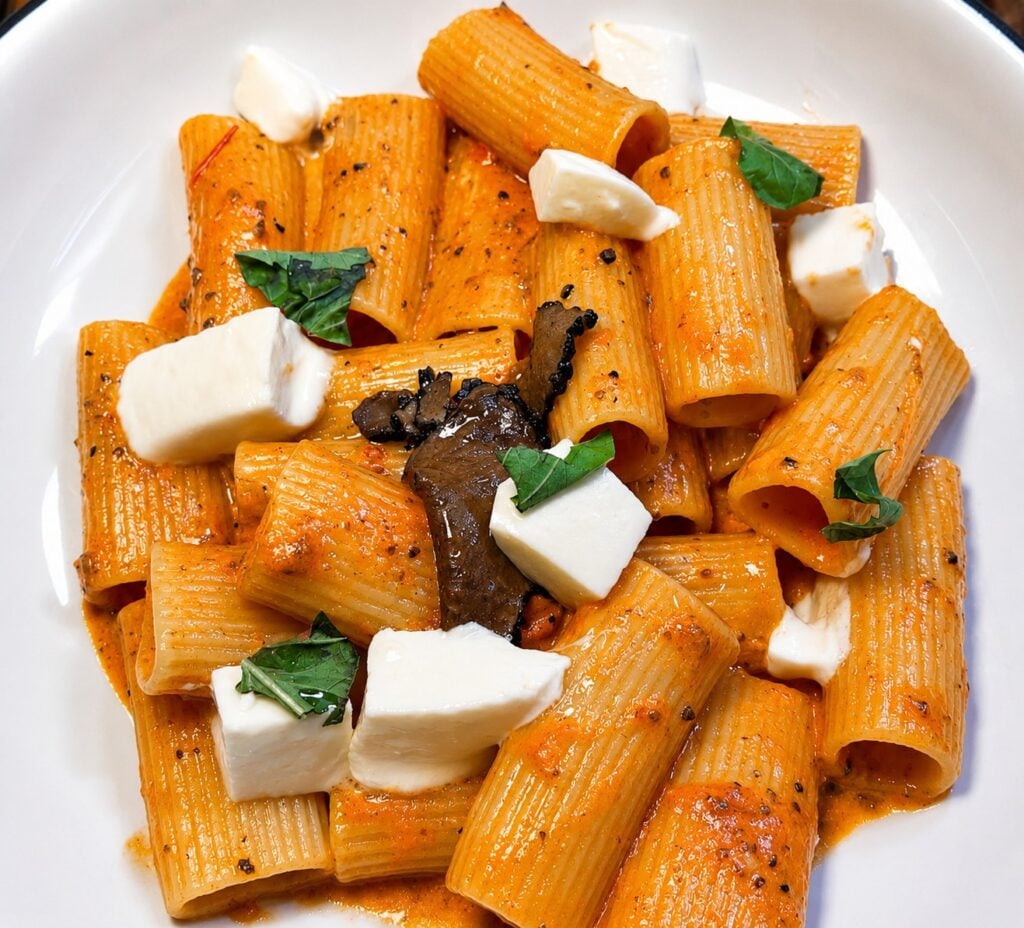 Black truffle rigatoni alla vodka at Barsecco, tossed in pink sauce with fresh mozzarella, basil, and shaved black truffle.