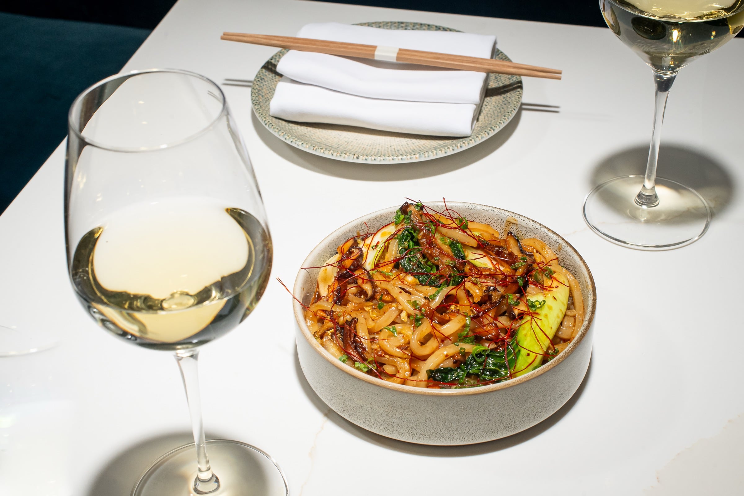 Yaki udon and white wine at Mottai in Coral Gables