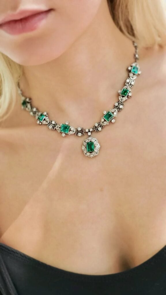 Model wearing an emerald and diamond necklace from H&H Jewels in Coconut Grove