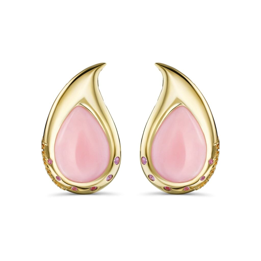Gold earrings set with pink teardrop stones from the Jacqueline Pinto La Vie En Rose collection