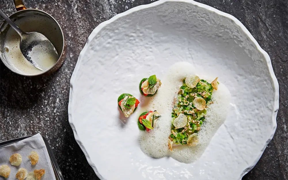 A wide white plate at Stubborn Seed holding three small shellfish bites with mint and a chopped green vegetable tartare topped with crisps and foam.
