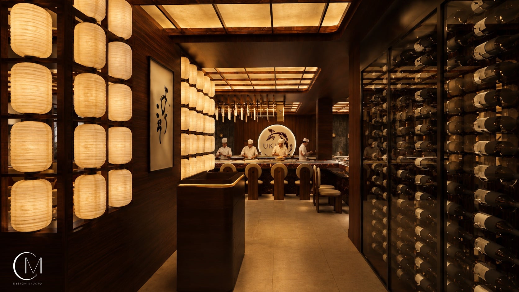 Rendering of the sushi counter at UKIYO on Lincoln Road, framed by paper lanterns and a floor-to-ceiling wine wall