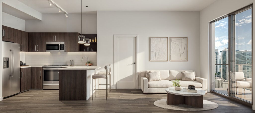 Open kitchen and living room with balcony at Magnus Brickell