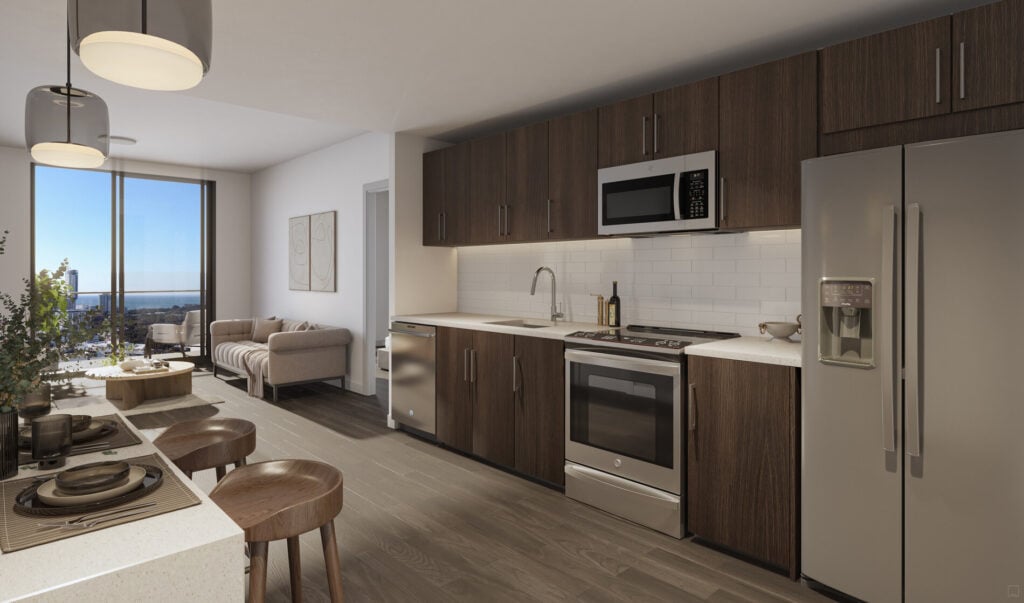Kitchen with island seating at Magnus Brickell