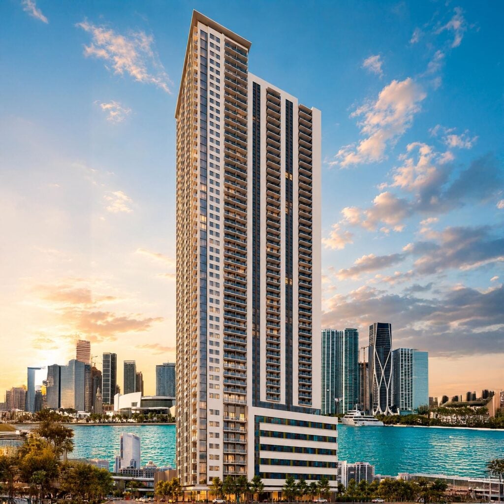 Rendering of Central Tower rising over Downtown Miami and Biscayne Bay