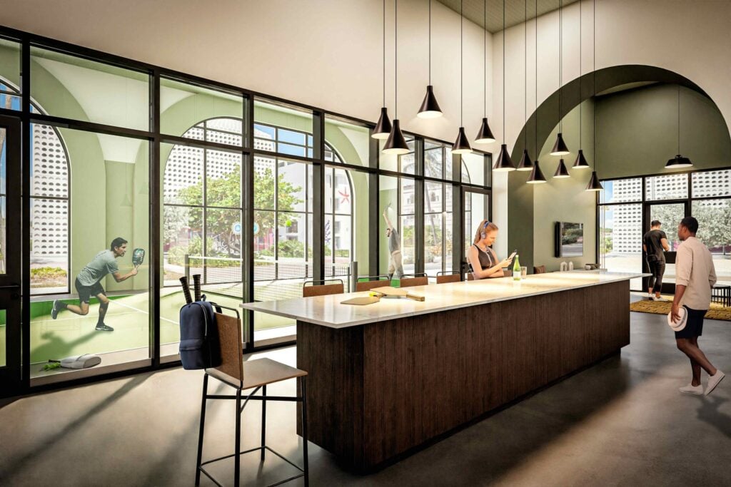 Rendering of the pickleball court and lounge at The Douglas