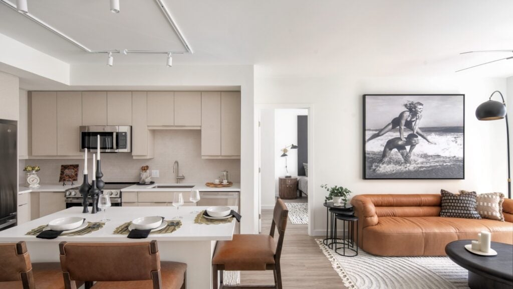 Apartment kitchen and living area at Amara Wynwood