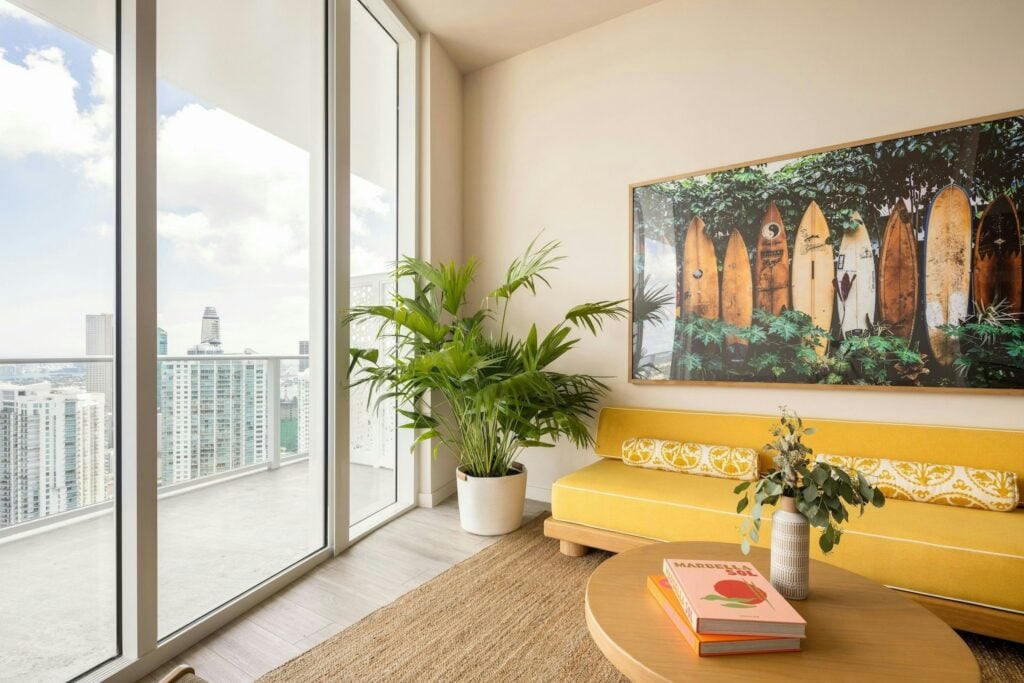 Living area and balcony at Flow Brickell