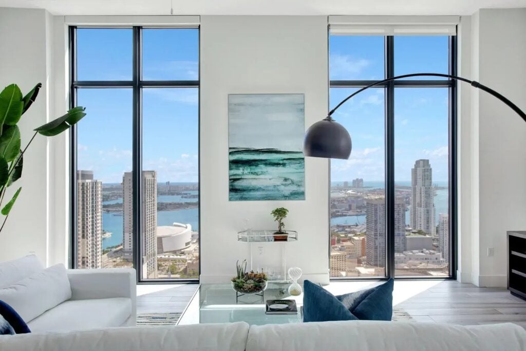 Living room with city views at ParkLine Miami