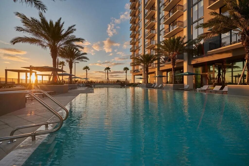Pool deck at sunset at ParkLine Miami