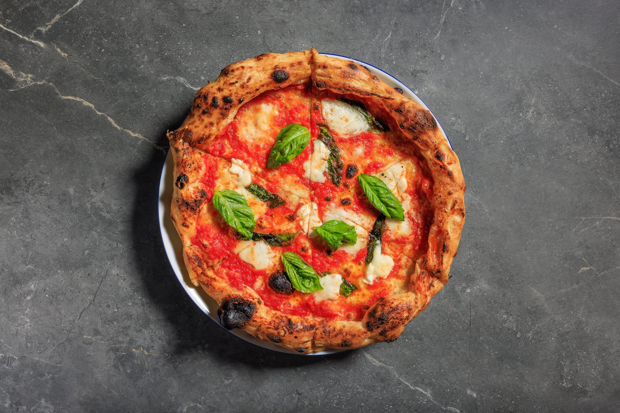 Margherita pizza with charred crust from Royale Pizza Napoletana