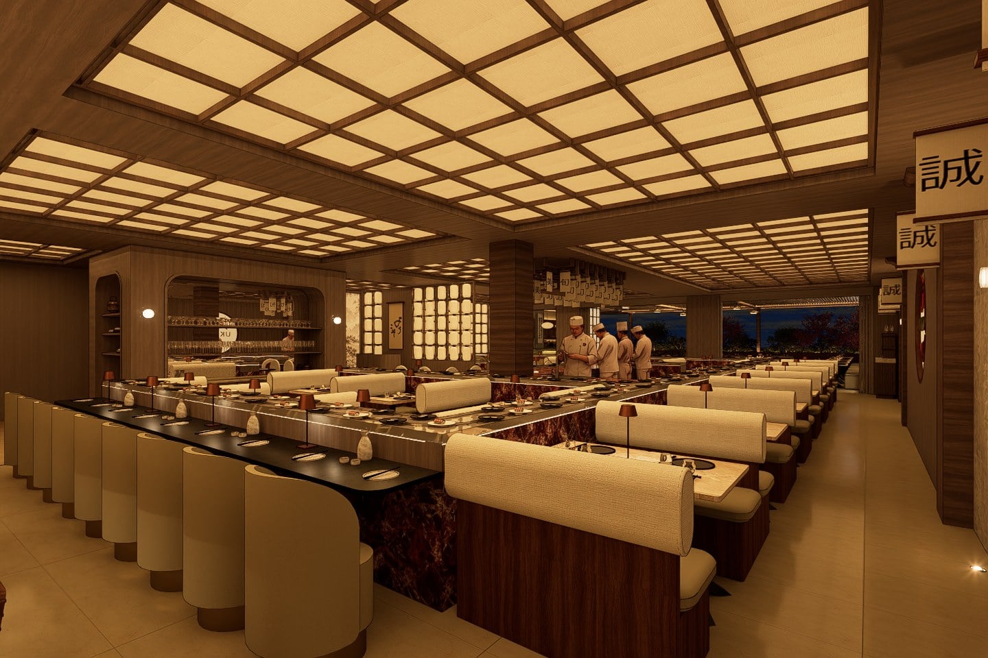 Rendering of the conveyor belt sushi dining room at UKIYO on Lincoln Road