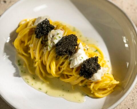 Spaghetti topped with caviar at MIKA in Coral Gables