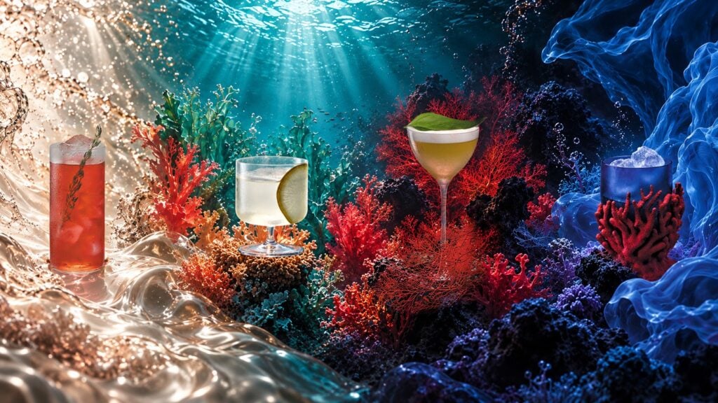 Cocktails from the DEPTHS menu at Sexy Fish Miami set against an underwater coral backdrop